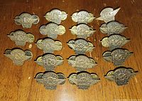 All 18 bronze Ladies of Harley pins laid out showing fronts and years