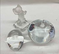 Group of three items: apple paperweight, oval elephant paperweight, Nachtmann cat figurine