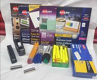 Entire lot showing Avery packs, stapler, tape dispenser, writing instruments