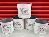 Five galvanized planters staged together to show full set