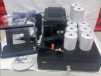 All components together: printer, cash drawer, tablet stand parts, barcode scanner, paper rolls, cables