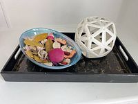 Overall lot showing tray, dish with potpourri, and white geometric sphere
