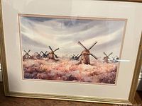 Full view of framed windmill landscape print
