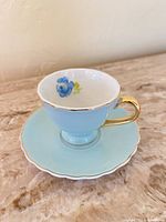 Teacup on saucer side view showing color and trim