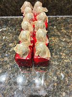 Nine red glass vials standing in three rows on countertop