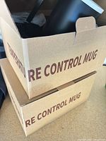 Two cardboard boxes labeled Temperature Control Mug; top box open showing black mug with silver rim inside