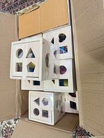 Open carton showing multiple shrink-wrapped wooden shape sorter cubes