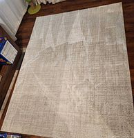 Full view of beige area rug laid flat on wood floor