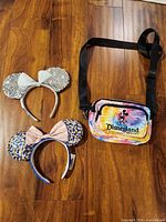 Overall lot: tie-dye bag and two Minnie ears headbands on wood floor