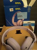 Headphones in inner cardboard tray with retail box and user guide visible