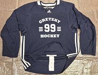 Front view of navy Adidas Wayne Gretzky Hockey School training jersey with logo, stripes and fight strap visible