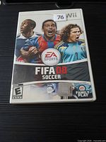 Front of Wii FIFA 08 game case showing cover art, ESRB rating, EA Sports and EA Family Play logos