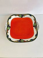 Top view showing dish color, pattern, handles