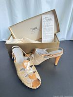 Pair of heels with box and care leaflet
