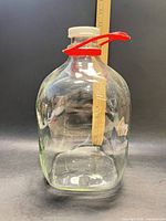 Front view of clear glass milk jug with red handle and cap
