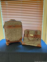 Suitcase and tote together on table