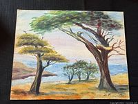 Full view of gouache/ink landscape painting with trees and shoreline