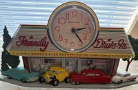 Front view of New Haven Friendly Drive-In diner clock with model cars