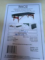 Box insert detailing Roma LX massage table specifications and accessories