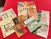 Group of instructional books laid out on bed