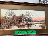 Full view of framed watercolor landscape with ducks and green dimension note