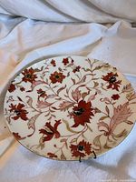 Front of porcelain plate showing floral design and rim chips