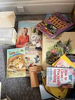 Assorted books laid out including craft guide, how-to cleaning book, children’s picture books and boxed Beatrix Potter set