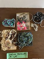 Group shot of entire jewellery lot displayed in trays on table