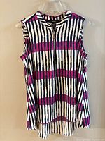 Front view of Alfani sleeveless striped top showing zipper and pattern