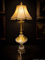 Full view of illuminated lamp with shade on dark background