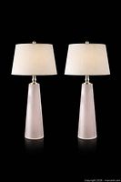 Front view of both ribbed glass table lamps with shades shown for scale