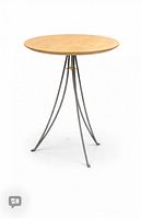 Full view of table showing wood top and metal tripod base