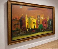 Front view of entire framed abstract cityscape painting mounted on wall