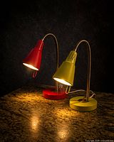 Both lamps illuminated on surface showing colors, bases, and goosenecks