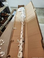 Lighted birch tree in opened box showing trunk, branches, cord