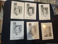 Six black and white Montreal Canadiens hockey cards laid out, visible players Pierre Mondou, Doug Risebrough, Normand Dupont, Rick Chartraw, Mark Napier, Bernard Geoffrion