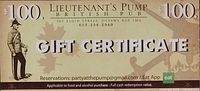Front of $100 Lieutenant's Pump gift certificate showing design, value, redemption terms
