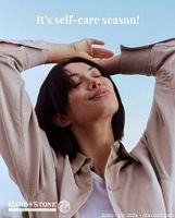 Promotional image of woman stretching with Hand & Stone logo