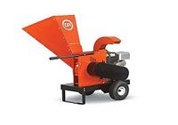 Overall view of DR Power CP53037BMN wood chipper showing feed hopper, discharge chute, engine and wheels