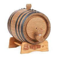 Angled view of oak barrel on stand showing spigot, bung and engraved logo