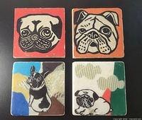 Front view of all four ceramic coasters showing dog illustrations