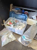 Organizer box with assorted hardware, tapes and Westburn bag