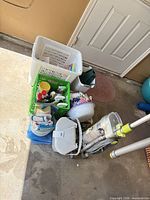 Overall lot with vacuum, crates and bins