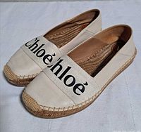 Pair of beige Chloé Woody canvas espadrilles angled view