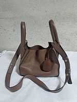 Front view of brown pebbled leather mini handbag with top handles, shoulder strap, and hangtag