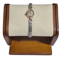 Full view of wristwatch on display stand