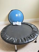 Overall view showing mini trampoline, BOSU trainer, DVD, manual