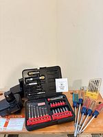 Overview of all items: two batteries, open Speed-Lok bit set, drill-bit set, five screwdrivers