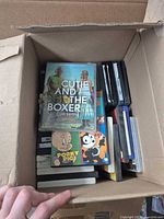 Open box showing stacked DVDs including Cutie and the Boxer and Porky Pig