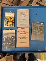 All five books arranged on blue tray